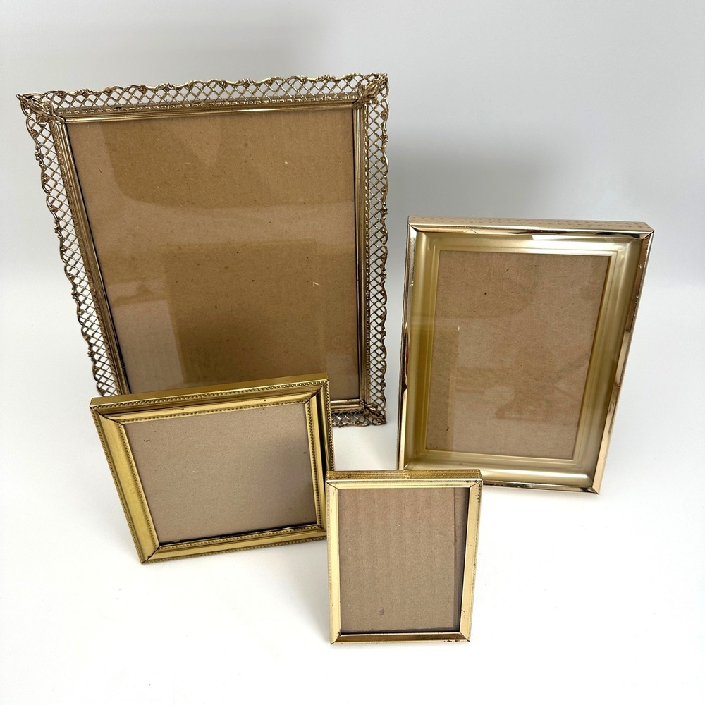 Vintage Gold Tone Metal Picture Frames Lot of 4 Filigree Beaded Glass Tabletop